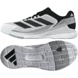 Adidas Crazyquick Boost padelsko för herr i vitt med svarta ränder och svart häl, visad från sidan och underifrån med grå yttersula