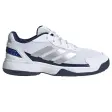 Adidas Crazyquick padelsko för barn i vitt med silverränder, mörkblå detaljer och mörkblå yttersula, sedd från sidan