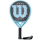 Wilson Endure LS V1 padelracket i ljusblått och mörkgrått med stort W, rund form och svart handledsrem