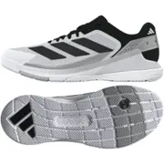 Adidas Crazyquick Boost padelsko för herr i vitt med svarta ränder och svart häl, visad från sidan och underifrån med grå yttersula