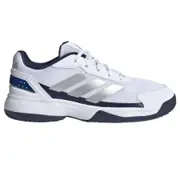 Adidas Crazyquick padelsko för barn i vitt med silverränder, mörkblå detaljer och mörkblå yttersula, sedd från sidan