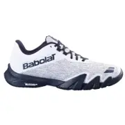 Babolat Jet Viva padelsko i vit meshovandel med svarta snören, svart Babolat-logga och svart sula, sedd från sidan
