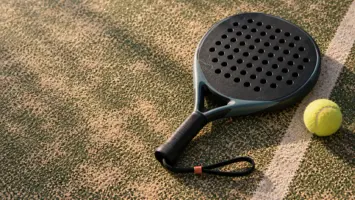En droppformad padelracket utan märke i svart och grågrönt ligger på sandigt konstgräs vid banans vita linje bredvid en gul boll