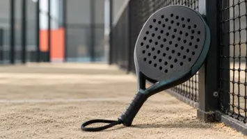 En svart padelracket utan märke med hålat huvud lutar mot nätstolpen på en inomhusbana med sand på konstgräset