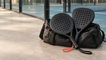 Två svarta padelracketar utan märken ligger korsade på en öppen sportväska på ett ljust betonggolv intill en padelbana
