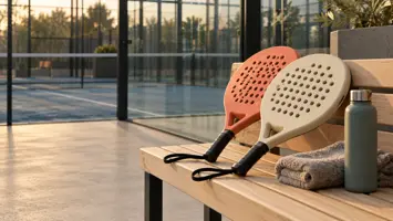 Två padelracketar i korall och benvitt vilar på en träbänk bredvid en handduk och en vattenflaska, med en glasbana i bakgrunden