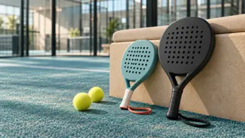 En liten turkos juniorracket och en större svart padelracket lutar mot en bänk på en inomhusbana med två gula bollar på konstgräset