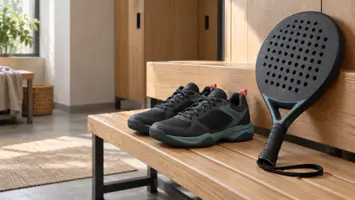Ett par mörka padelskor utan märken står på en träbänk i ett omklädningsrum bredvid en svart padelracket