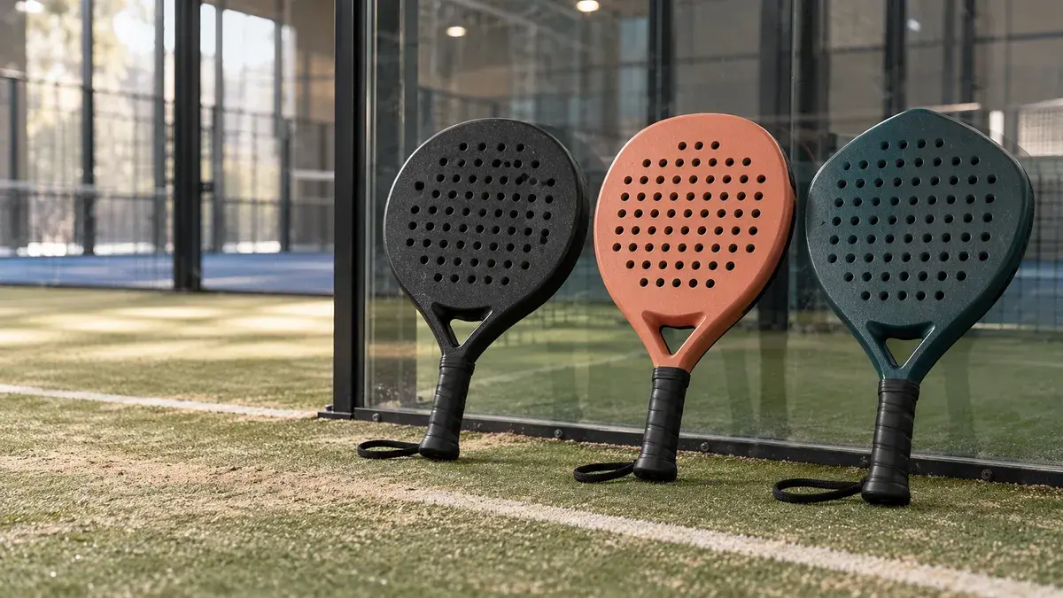 Tre padelracketar utan märken i svart, korall och mörkt grågrönt står i rad mot glasväggen på en inomhusbana