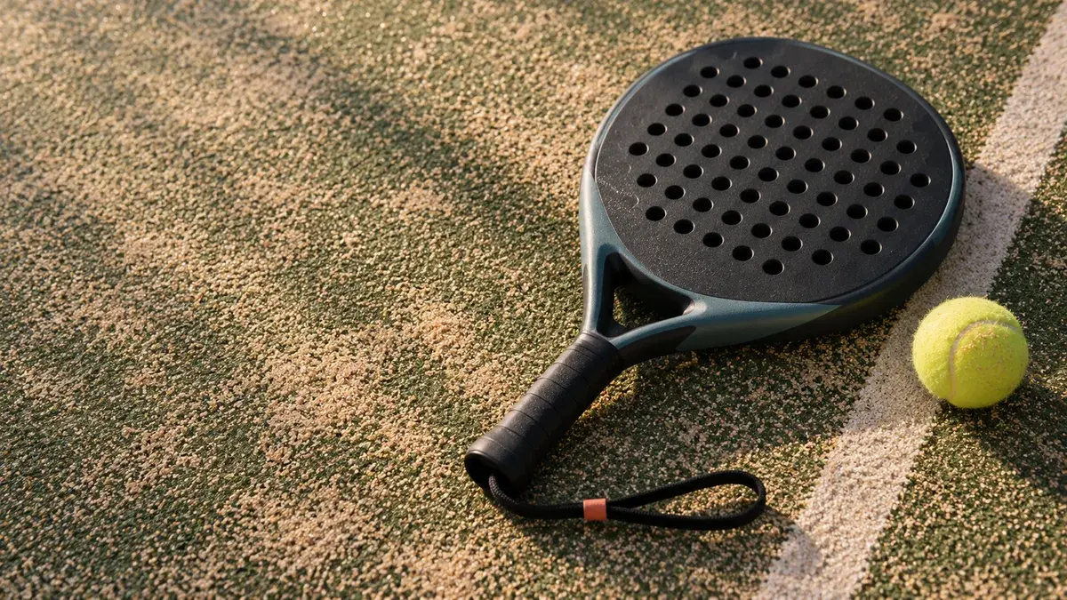 En droppformad padelracket utan märke i svart och grågrönt ligger på sandigt konstgräs vid banans vita linje bredvid en gul boll