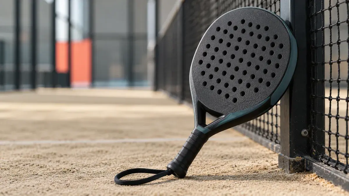En svart padelracket utan märke med hålat huvud lutar mot nätstolpen på en inomhusbana med sand på konstgräset
