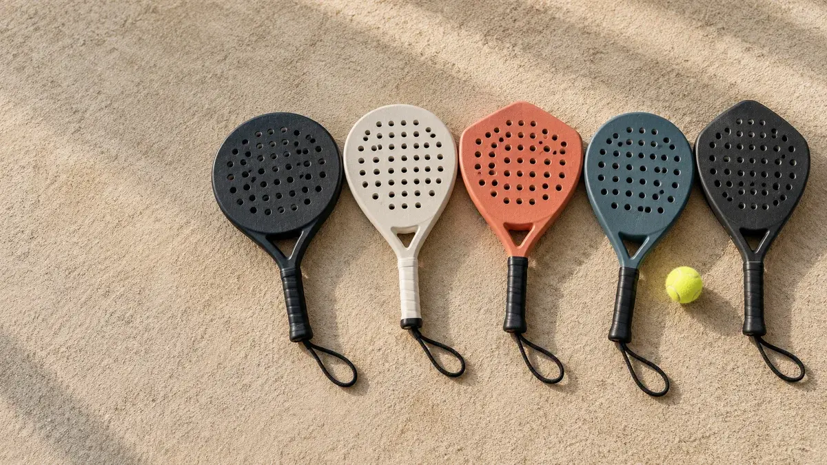 Fem padelracketar utan märken med rund, droppformad och diamantformad huvudform ligger sida vid sida på sandigt konstgräs bredvid en gul boll