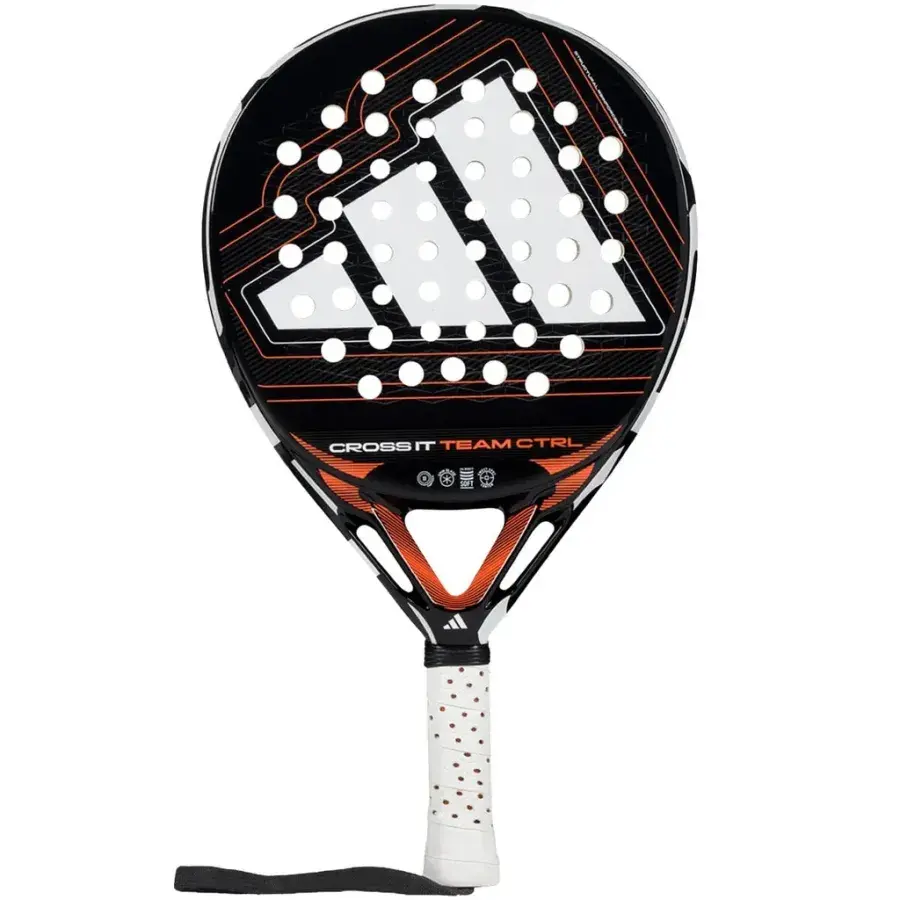 Adidas Cross IT Team CTRL 2026 padelracket i svart med vita och orange linjer och vitt grepp, framsidan