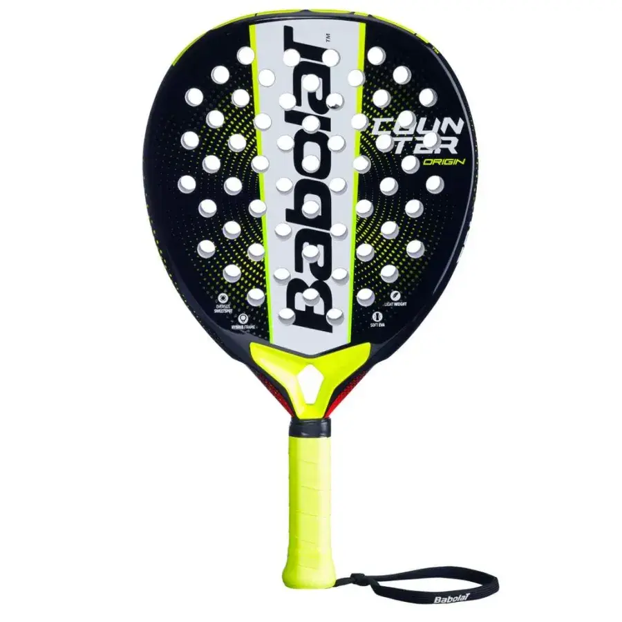 Babolat Counter Origin 2025 padelracket i svart med vit mittrand, gula detaljer och gult grepp