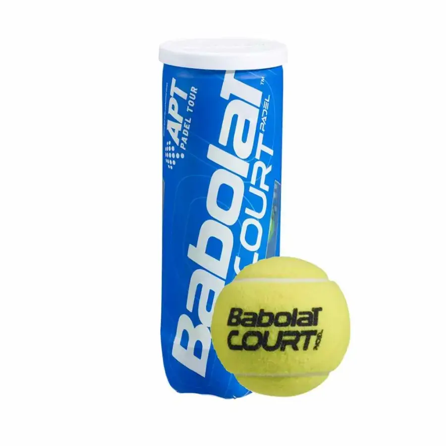 Bilden visar ett enda blått Babolat Court Padel bollrör och en gul boll, inte kartongen med 24 rör