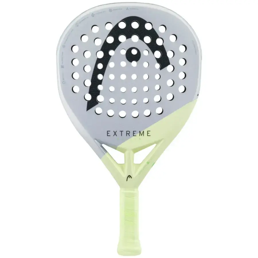 HEAD Extreme Motion 2026 padelracket i ljusgrått och limegrönt med svart HEAD-logotyp på den diamantformade ytan