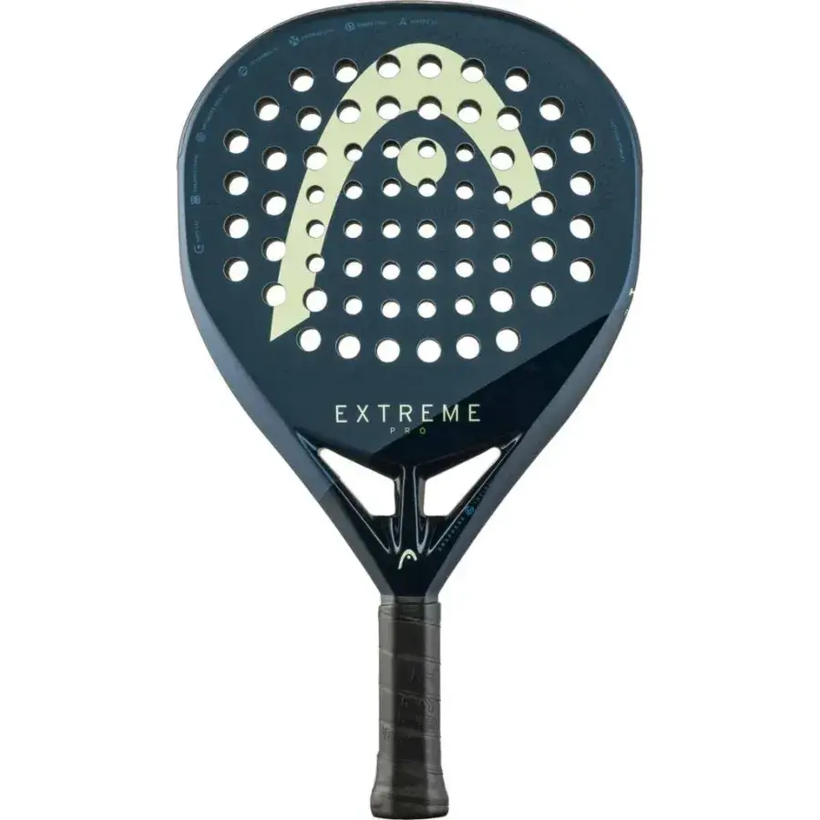 HEAD Extreme Pro 2025 padelracket i mörkt blågrått med ljusgul HEAD-logotyp och svart grepp, sedd framifrån