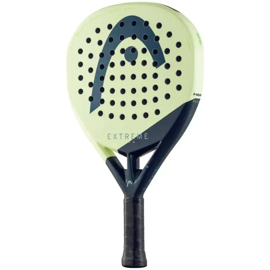 HEAD Extreme Team 2025 padelracket i limegrönt och mörkblått, fotograferad snett framifrån med svart grepp