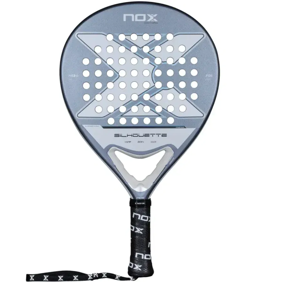 NOX X-One Silhouette 2026 padelracket med rund form i ljusgrått och blågrått, sedd framifrån med handledsrem