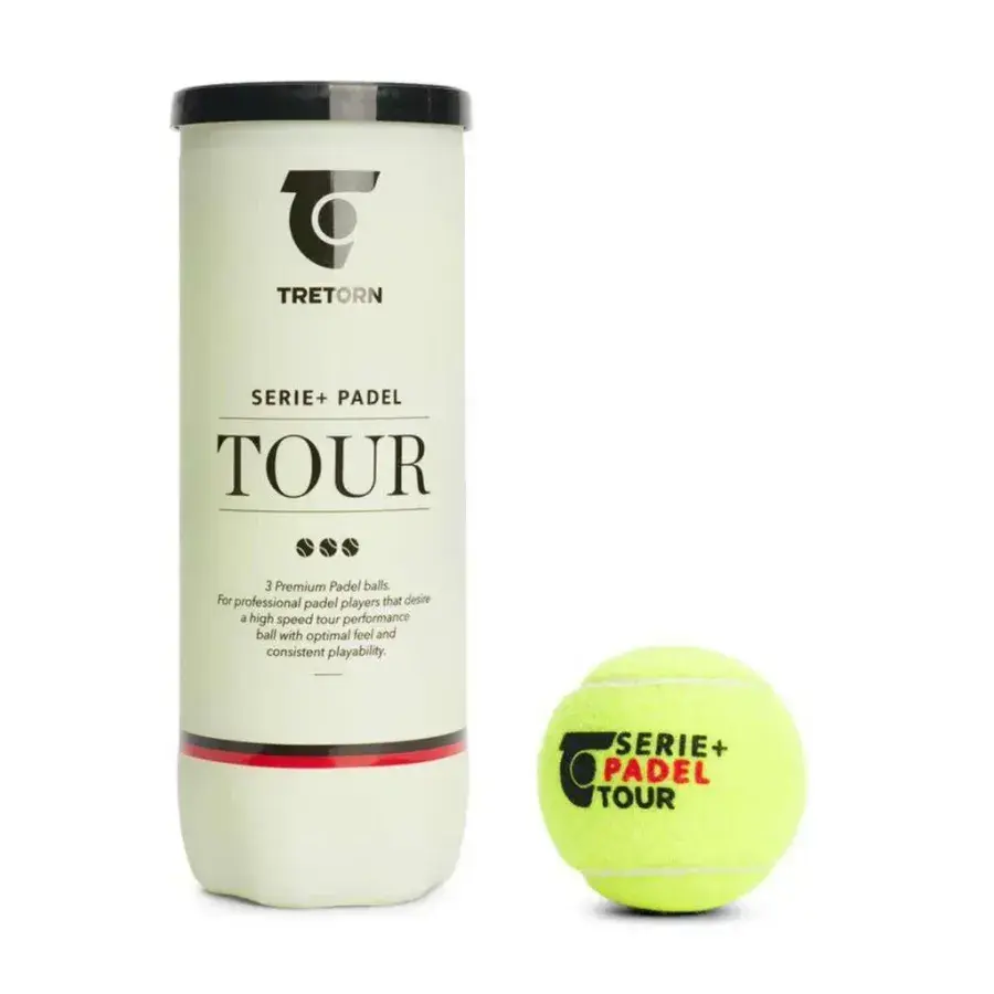 Vitt Tretorn Serie+ Padel Tour bollrör med svart lock och en gul boll med röd och svart text bredvid