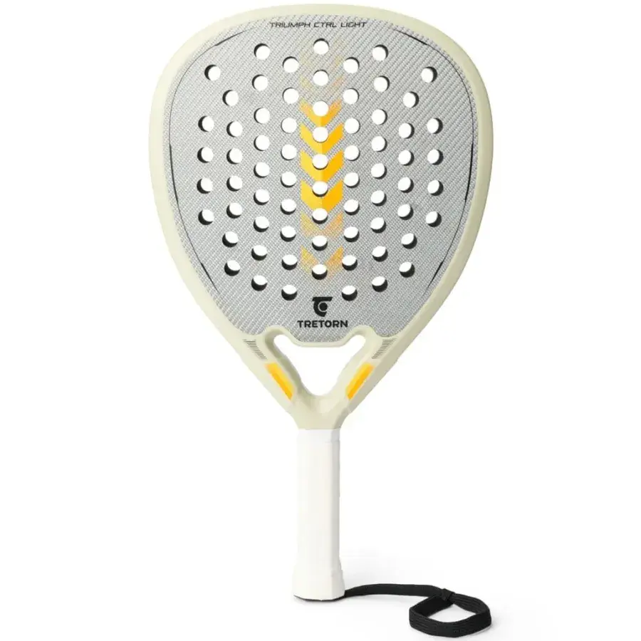 Tretorn Triumph CTRL Light 2026 padelracket i benvitt och silvergrått med gula pilar och vitt grepp